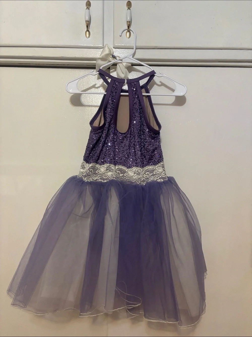 Weissman Purple Sequin Tulle Halter Dress with Ivory Lace Bow